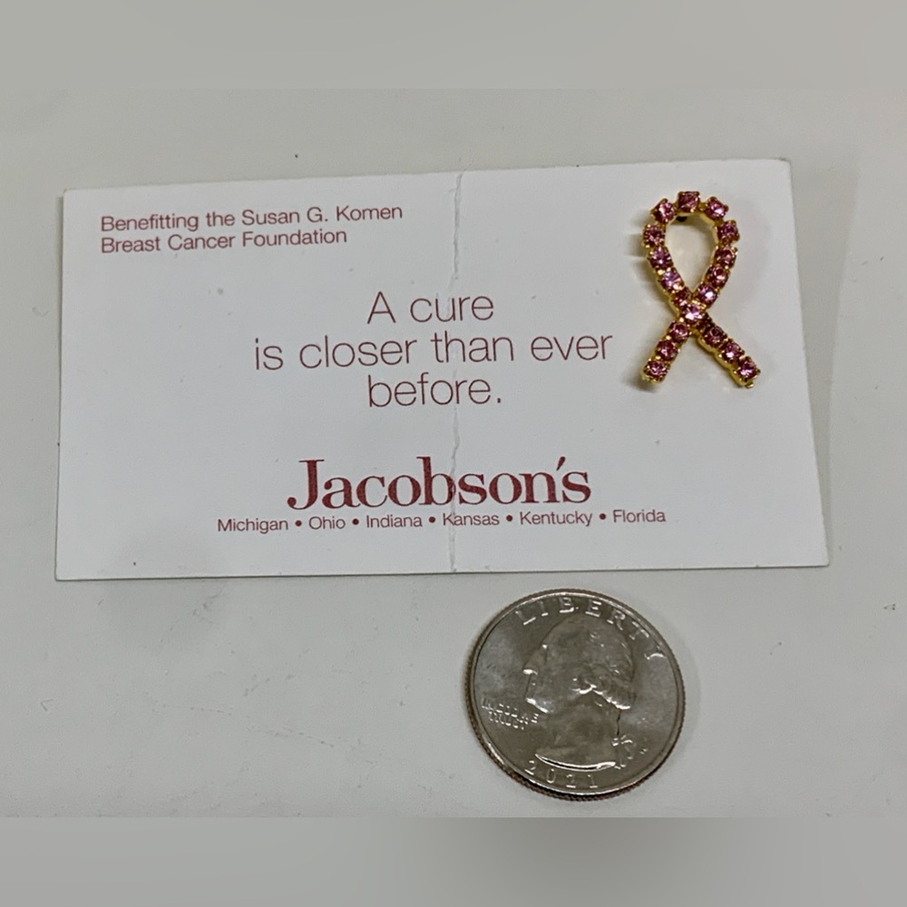 1990s Vintage Rhinestone Jeweled Breast Cancer Awareness Pinback Ribbon Brooch